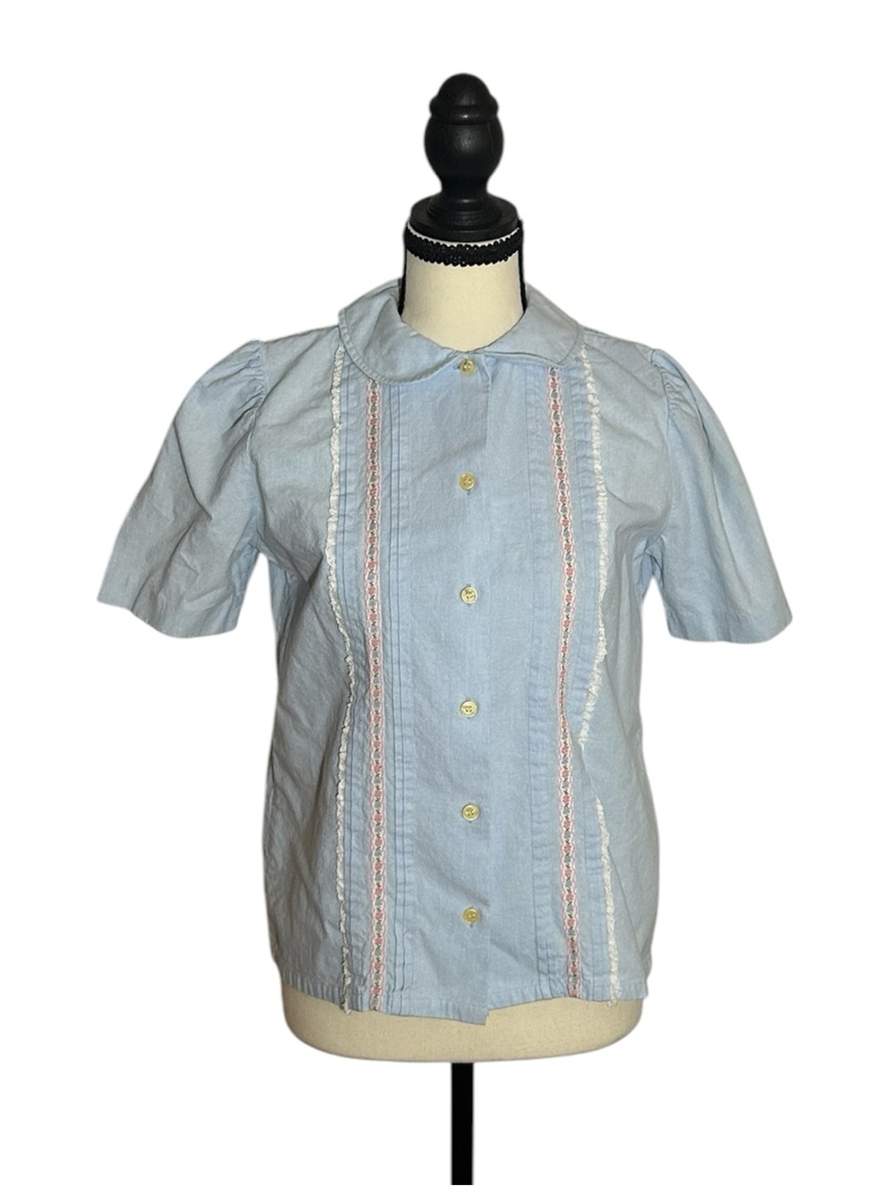 Susan Bristol 90s Blue Peter Pan Collar Floral Trim Puff Sleeve Blouse Cottage